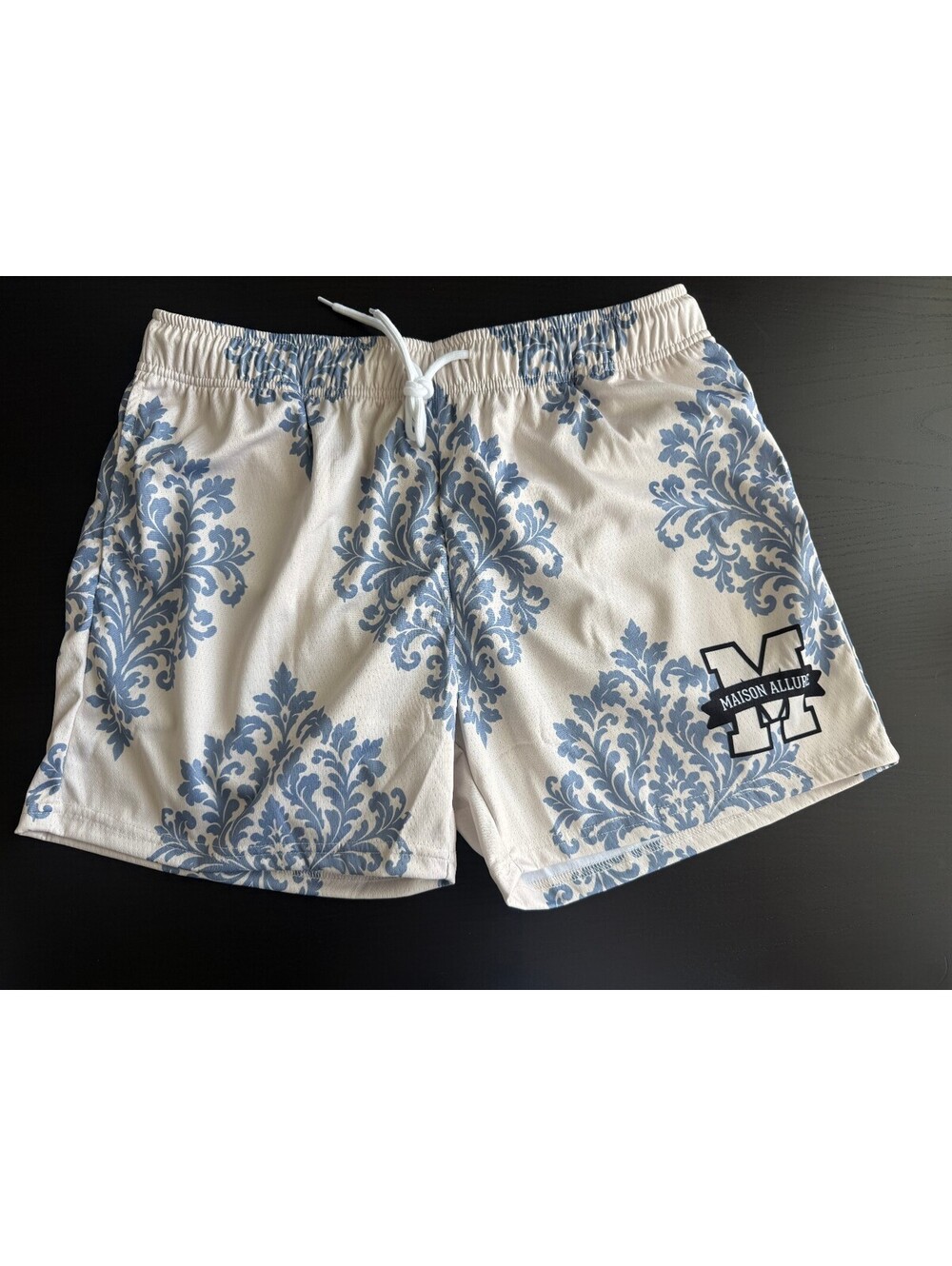 Maison Allure Luxury Streetwear Blue Damask Athletic Mesh 5" Shorts Sz XL